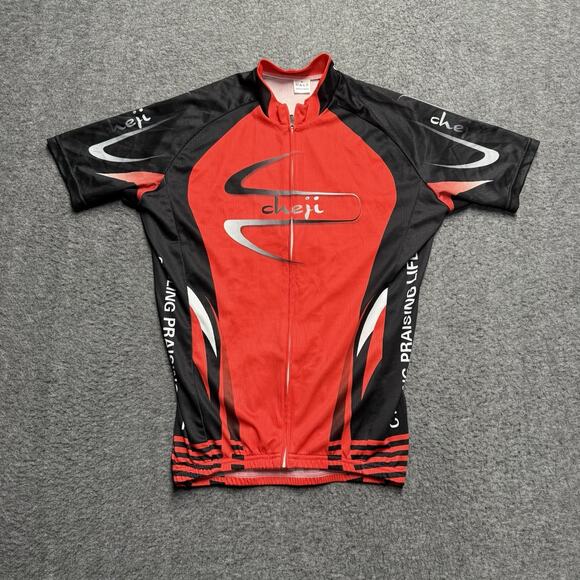 Cheji Cycling Jersey Men's Medium Red Praising Life Full Zip Racing Short Sleeve - Picture 1 of 5